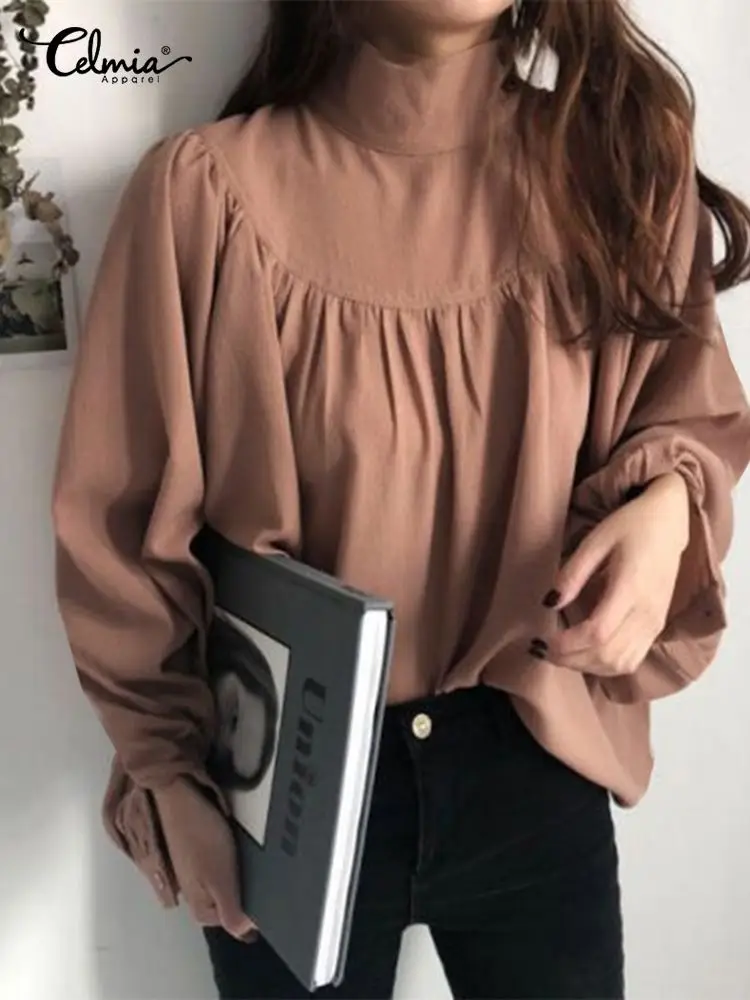 

Celmia Elegant Long Puff Sleeve Blouses Women Fashion High Collar Tops Holiday Shirred Pleats Tunics Caual Office Solid Shirts