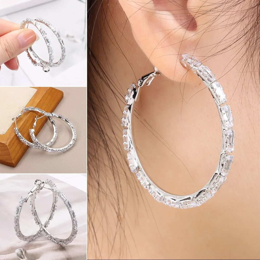 

Circle Shape Crystals Zircon Earrings With Diamond Inlay Alloy Ear Studs Individualistic Silver Needle Ear Hoop Women's Fashion
