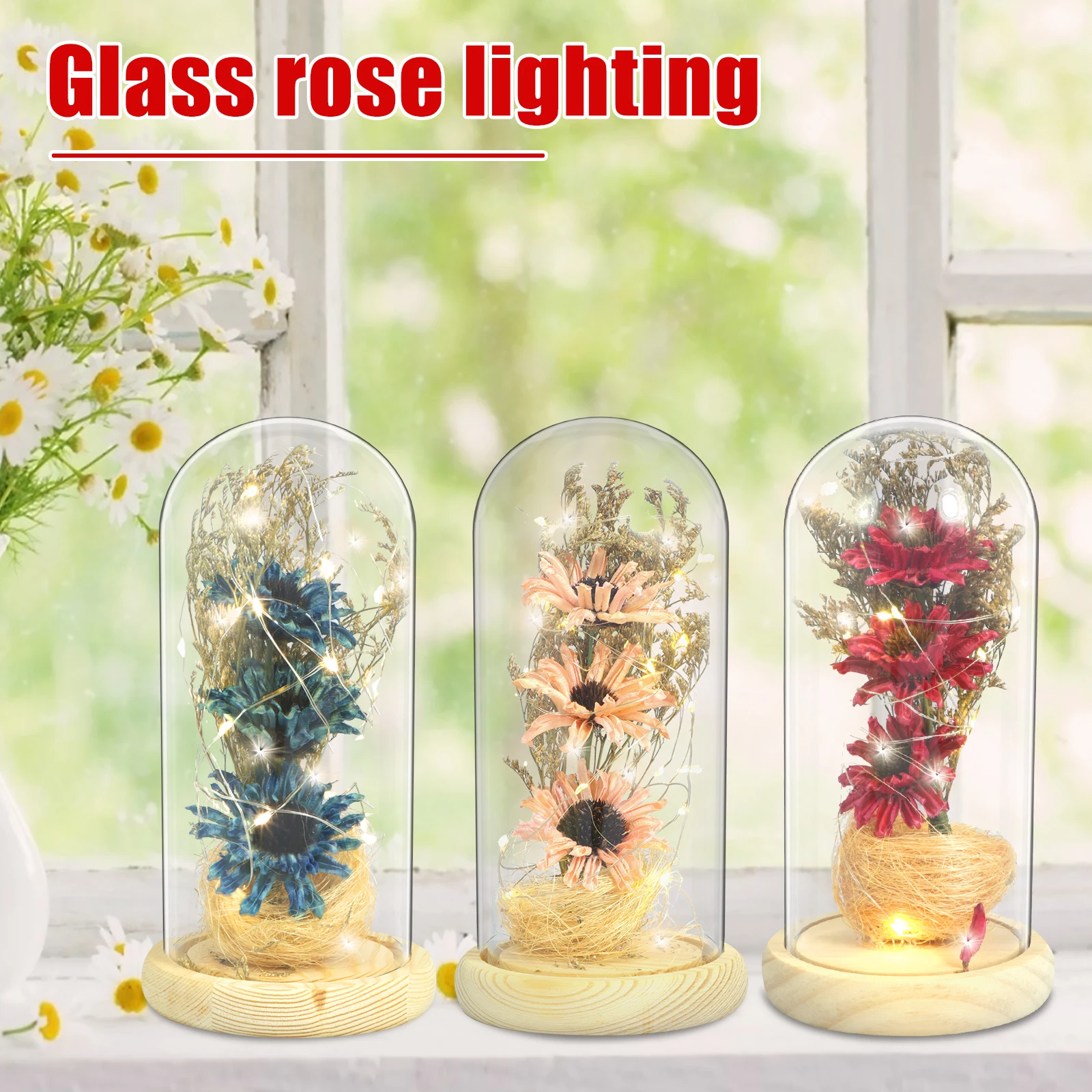 

New LED Sunflower Lamp Battery Operated Sunflower Glass Light Creative Eternal Sunflower in Glass Dome Decorative Artificial