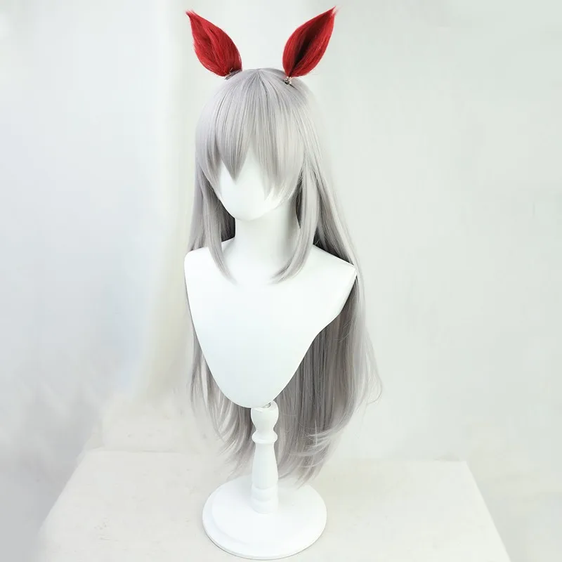 Фото Парик для косплея Uma Musume Pretty Derby Tamamo Cross, серебристо-серый, с ушками, термостойкий, из синтетических волос, для аниме-костюмов на Хэллоуин №3