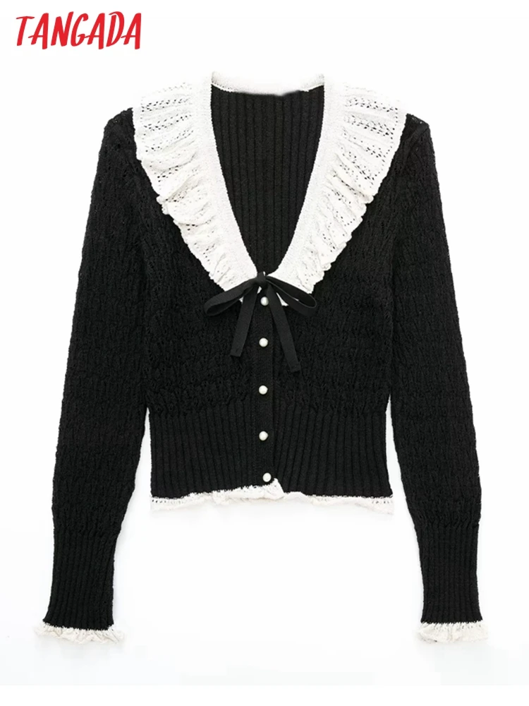 

Tangada Women 2022 Bow Tie Lace Patchwork Knit Cardigan Sweater Vintage V Neck Long Sleeve Female Jumper 3H323