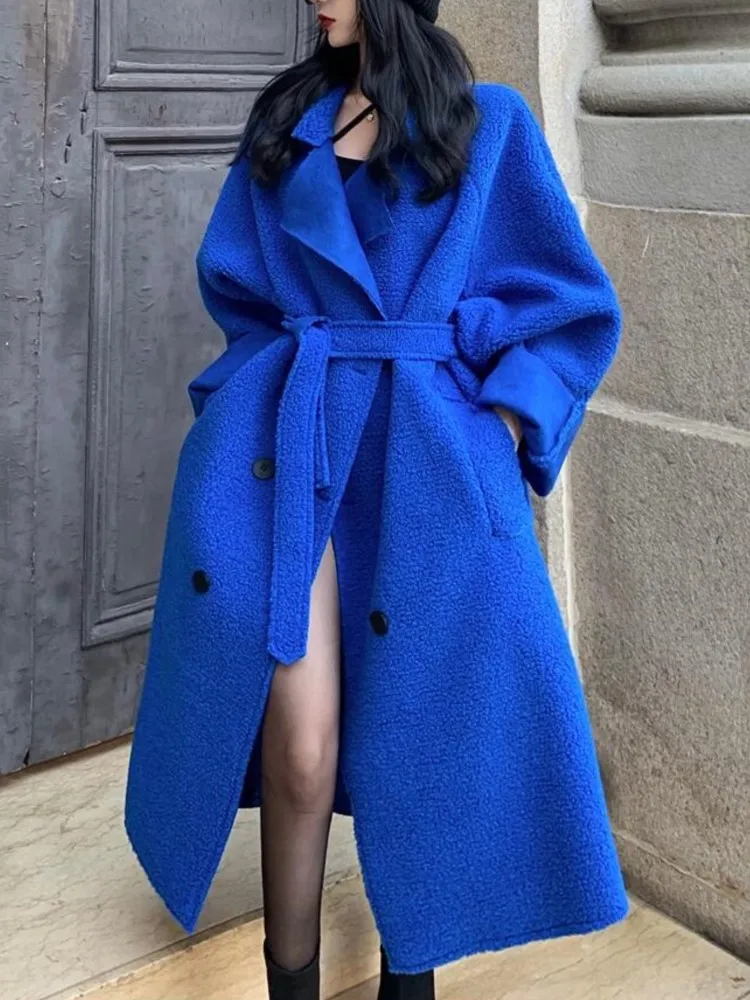 

New Women Winter Casual Loose Blue Coat Ladies Lace-up Warm Thicken Streetwear Overcoat Female Fashion Solid Elegant Cloak