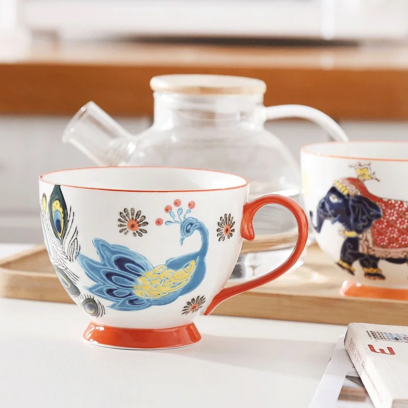 

Hand-Painted Breakfast Cup Vintage Embossed Underglaze Ceramic Cup Afternoon Tea Breakfast Cup Kitchen Home Personality