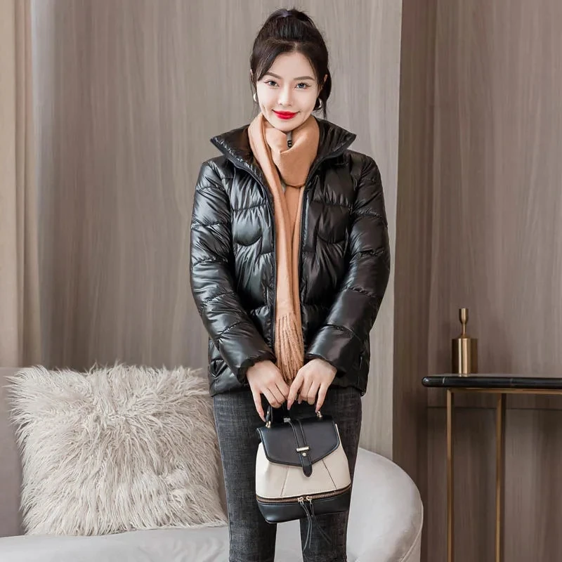 Cotton Padded Thicken Warm Short Parkas Korean Slim Long Sleeve Women Jacket Elegant Solid Stand Collar Pockets Winter Coat