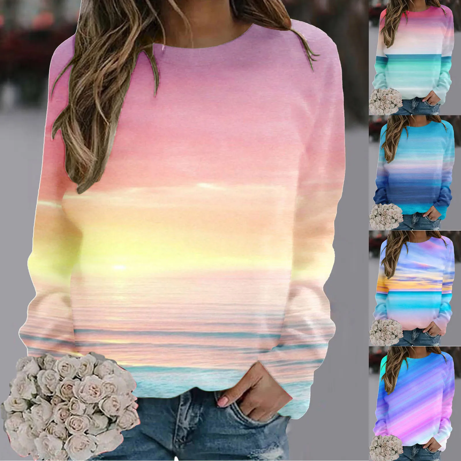 

Blank Sweatshirts Women Casual Color Striped Gradient Print Long Sleeve Pullover Hoodie Tunic Length Sweaters Women