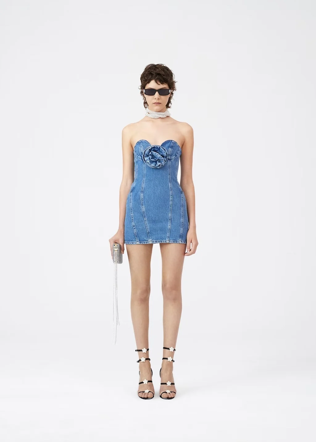 

Women's Mini Dress Denim Three-dimensional Decoration Sleeveless Splicing Slim Strapless Robe Sexy