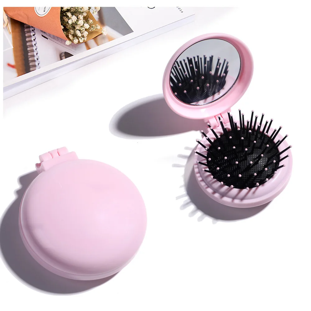 Portable Mini Round Hair Comb with Mirror Pocket Small Size Traveling Massage Folding Hair Comb Women Hair Brushes Styling Tools