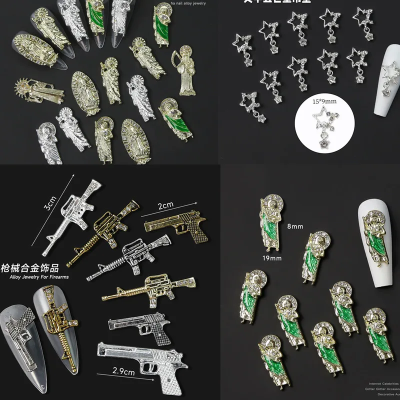 

10pcs 2023 Trendy Gold Silver Zircon Nail Art Decorations Retro Punk Charm Nail Rhinestones DIY Star/Dragon Manicure Accessories