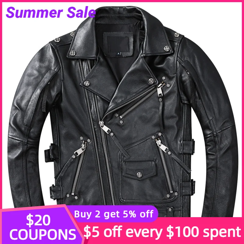 

2022 Black American Motorcycle Style Genuine Leather Jacket Men Plus Size 4XL Real Cowhide Autumn Slim Fit Biker's Coat
