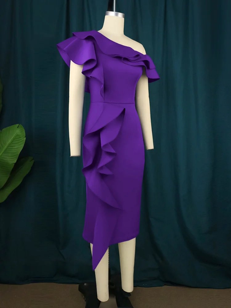 Plus Size Fat MM Women's Oblique Shoulder Lotus Leaf Side Dress Large Lady Style Split One Step Dress Party Dress