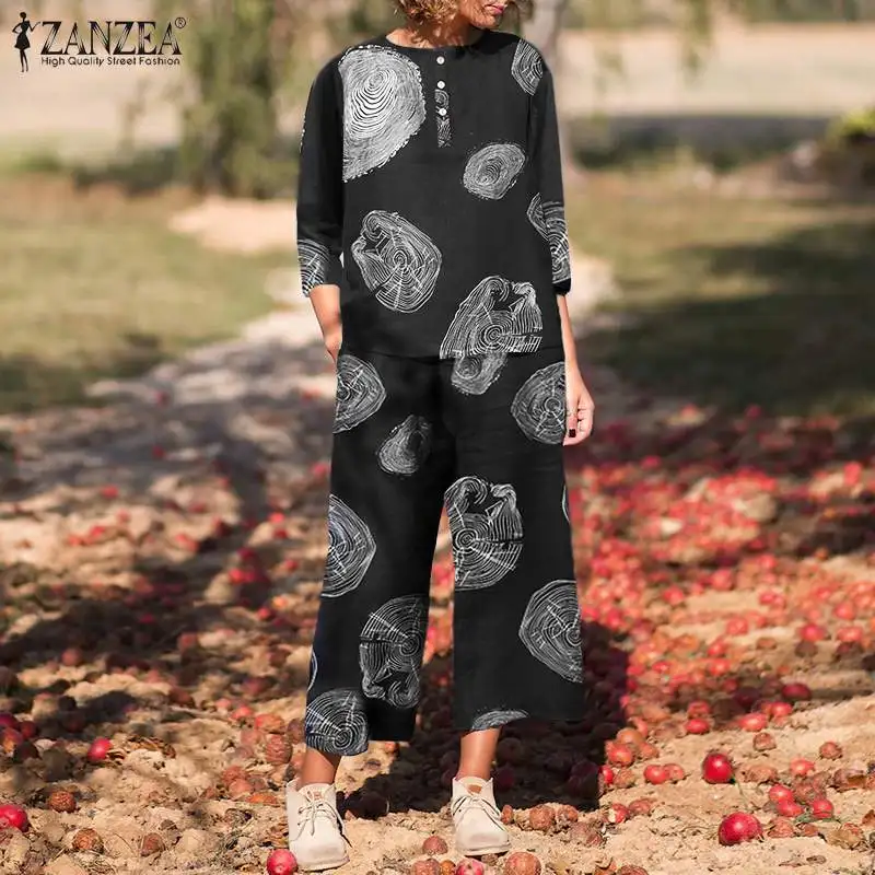 

ZANZEA Bohemian Printed Matching Sets Women Casual 2PCS 3/4 Sleeve Top OL Trouser Holiday Party pant Sets Oversize Retro Suits