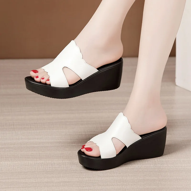 

6cm Small Size 32-43 Med Heels Genuine Leather Slippers Women's Platform Sandals Summer 2023 Wedges Slides for Office Mom Beach