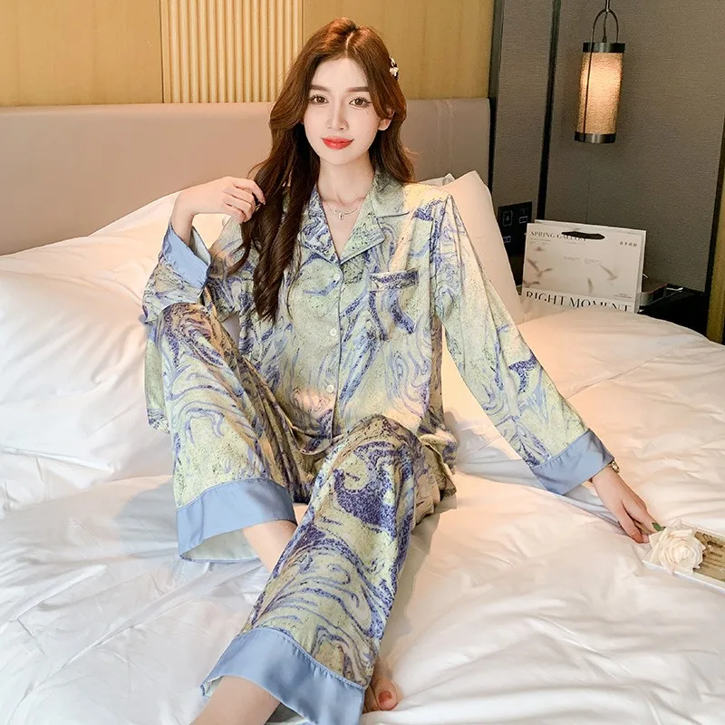 

Spring Sleepwear Novelty Print Pajamas Set Female Spring Lounge Wear Long Sleeve Shirt&Trousers With Pocket Loose Home Clothes