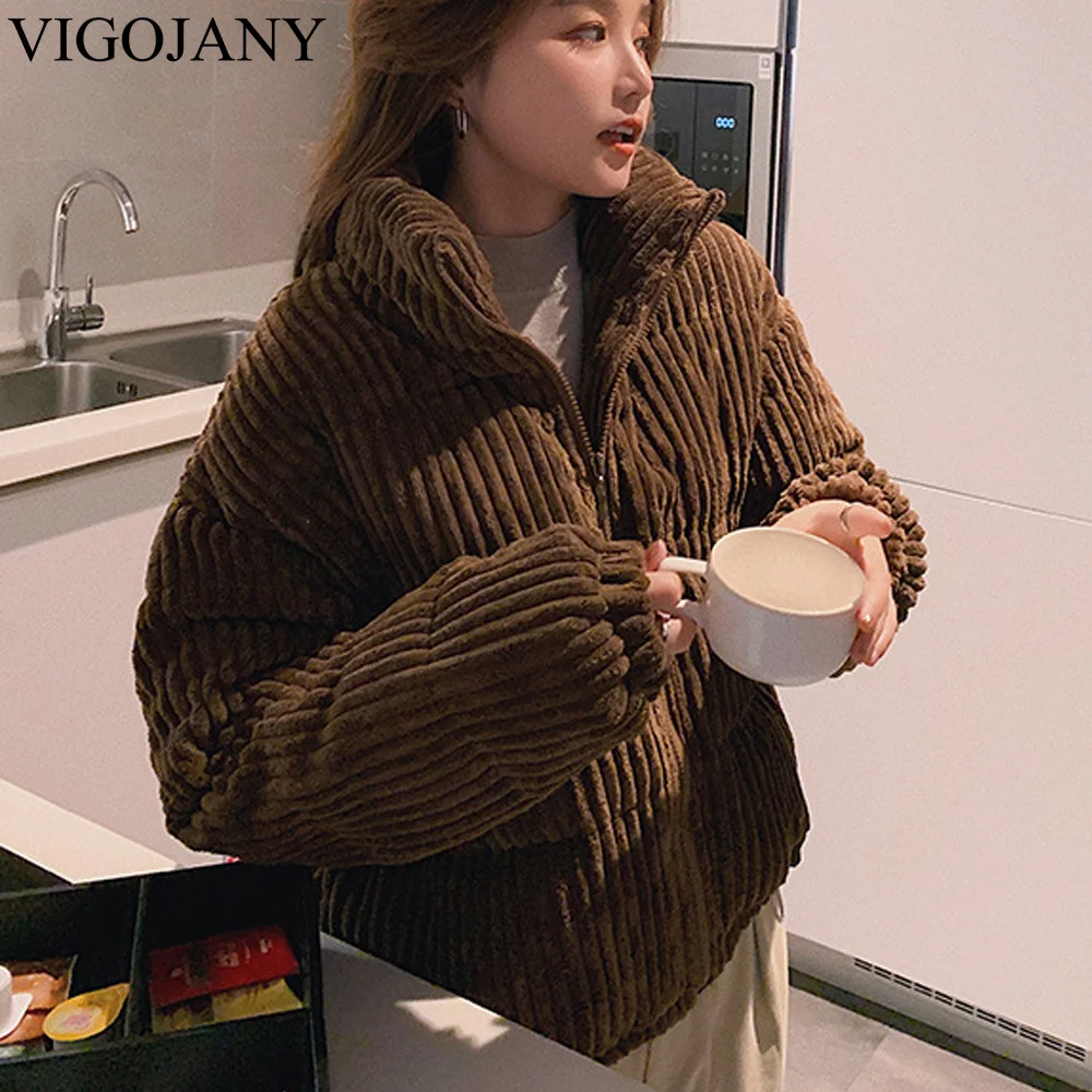 

Vigojany Winter Down Jacket Women With Hood Parkas 2022 Brown Long Sleeve Warm Short Coats Female Korean Loose Puffer Outwear