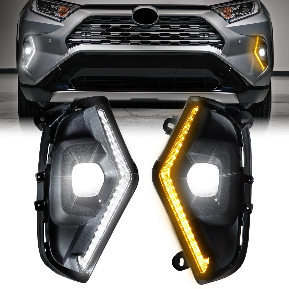 Фото Для Toyota RAV4 2019-2025 комплект светодиодных противотуманных фар DRL белые дневные ходовые огни с янтарным указателем поворота анимация запуск противотуманных фар №3