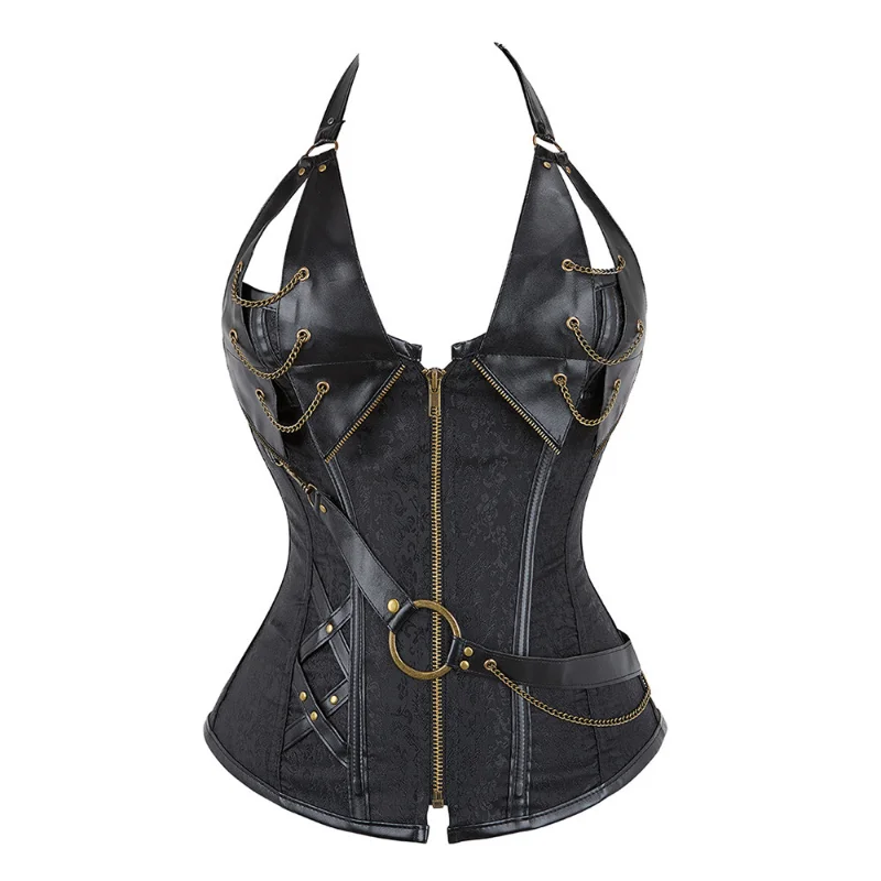 

Women Sexy Vest Shapewear Pirate Style Jacquard Faux Leather Studded Overbust Corset Bustier With Chains Waist Cincher Shaper