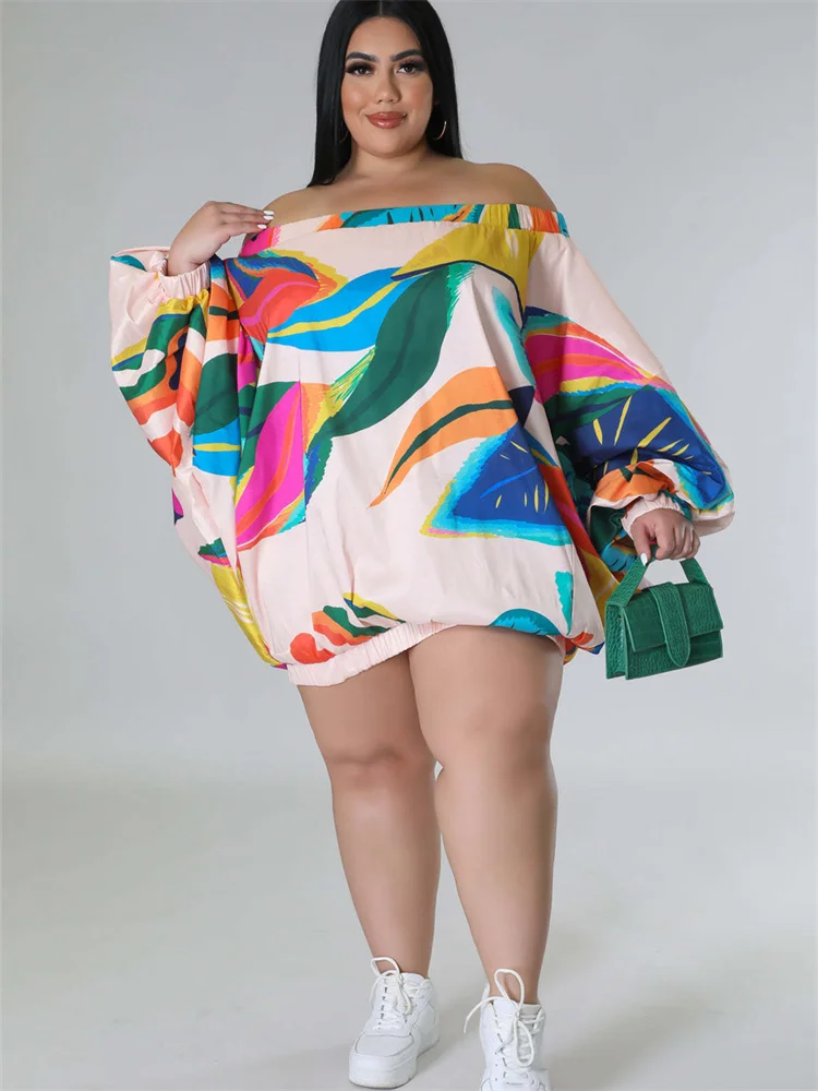Plus Size Women Clothing Off Shoulder Dress Summer Print Loose Stretch Elegant Mini Dresses Women Whol 3xl 4xl 5xl 6xl