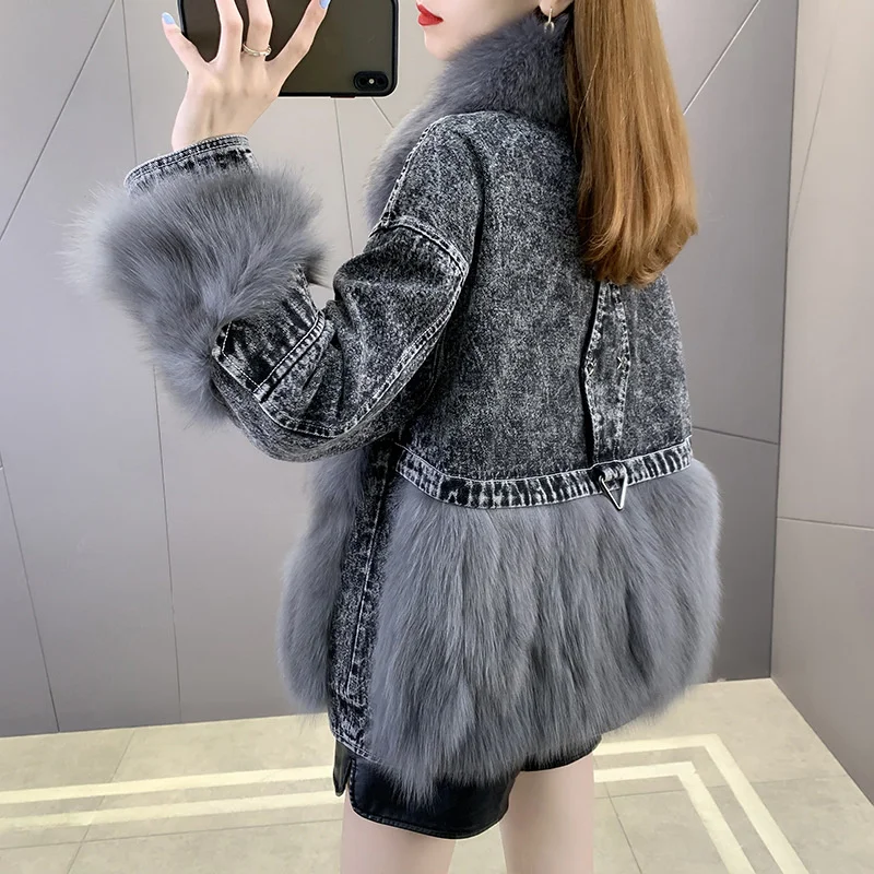 Fashion Denim Stitching Short Faux Fur Coat Women's 2022 Autumn And Winter New All-match Motorcycle Parka Cotton Jacket Trend
