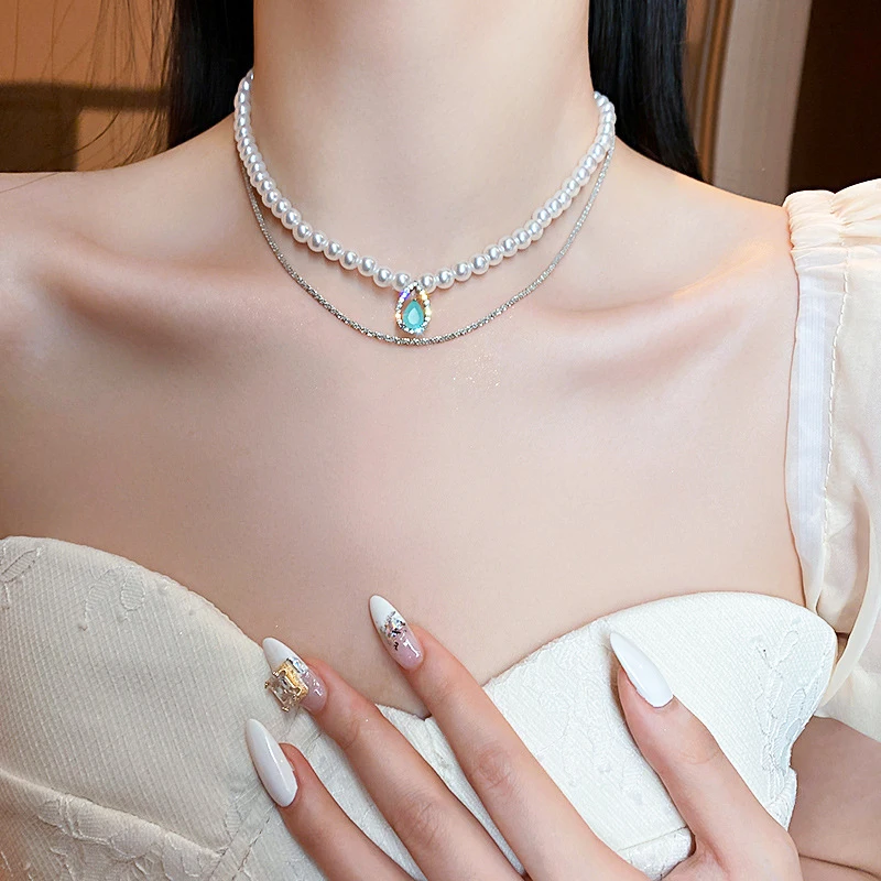 

Lace Pearl Necklaces for Women Double Layer Sparkling Chain Necklace Vintage Brilliant Luxury Choker Collares Jewelry 2022 Gifts