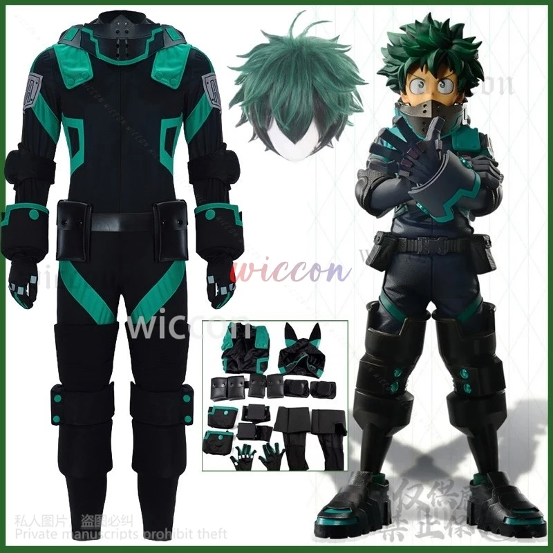 Аниме My Heo Academy Косплей Midoriya Izuku Костюм Парик Черная боевая форма Полный комплект
