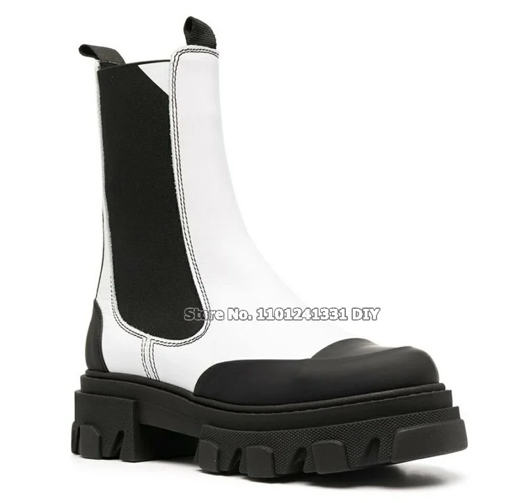 5.5cm Platform Real Cow Leather Elastic Slip On Short Boots Women Autumn Winter Mid Calf Boots Plus Size 43