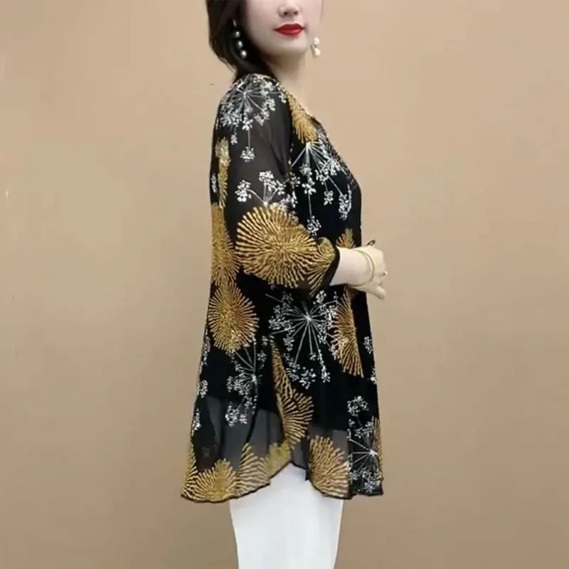 Женская блузка со стразами Повседневная Свободная с круглым вырезом рукавом 2023