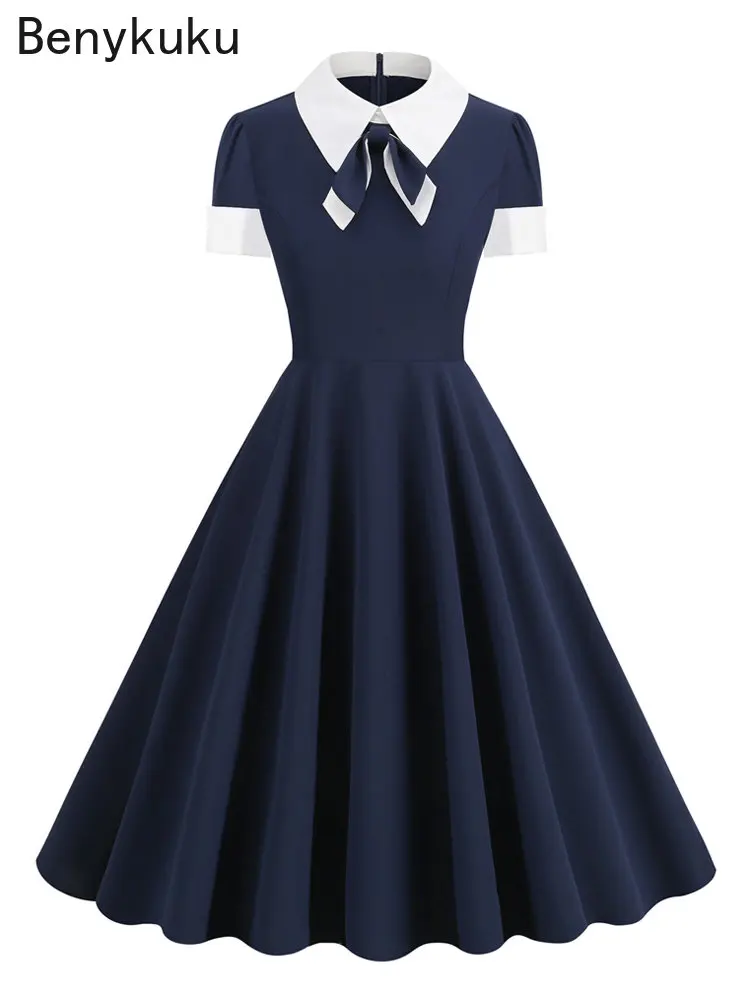 

Женское винтажное платье для выпускного, темно-синее контрастное платье с отложным воротником и бантом, элегантное офисное платье для свидания, халаты, лето 1950