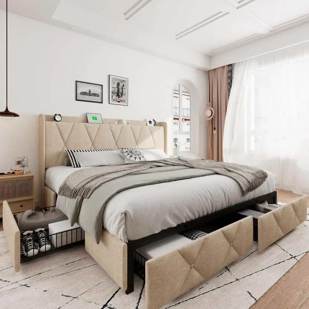 Кровать большого размера с 4 ящиками для хранения кровать мягкой платформой и