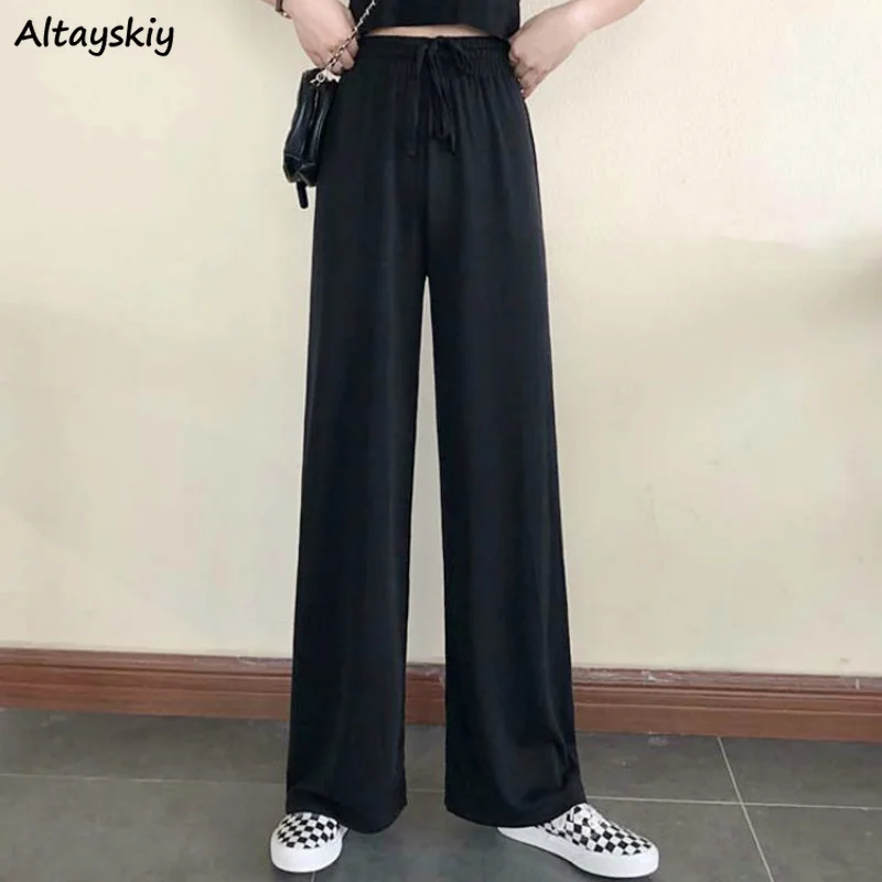 

Wide Leg Pants Women Pure Black Lace-up Korean Style Loose Leisure High Waists Female Spring Long Daily Trousers Streetwear Fall