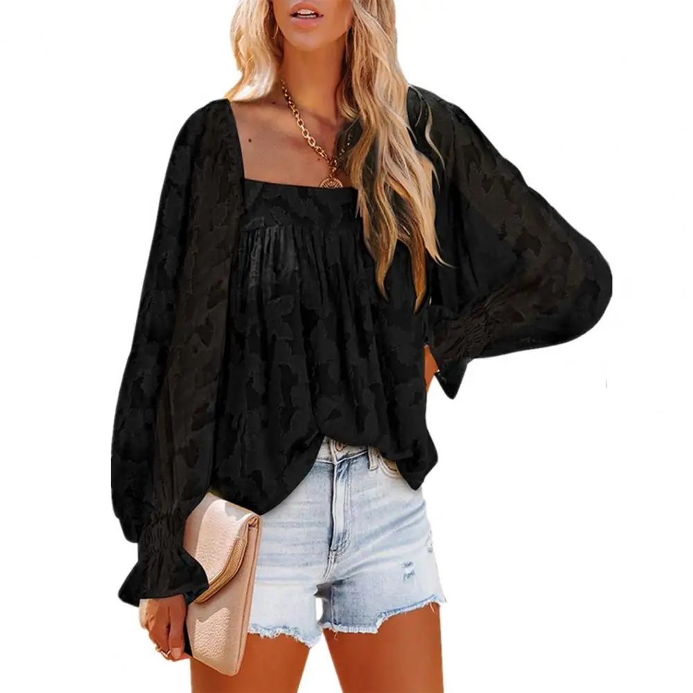 

Women Ruffle Long Sleeve Blouses Woman Tops 2022 Square Collar Jacquard Elegant Pullover Low-cut Printed Fall Blouse Streetwear