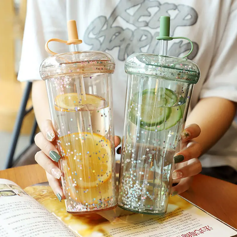

Obelix Cute Star Glitter Transparent Straw Cup With Lid Coffee Cups Summer Cold Water Reusable Cups Plastic Tumbler Sippy Mugs