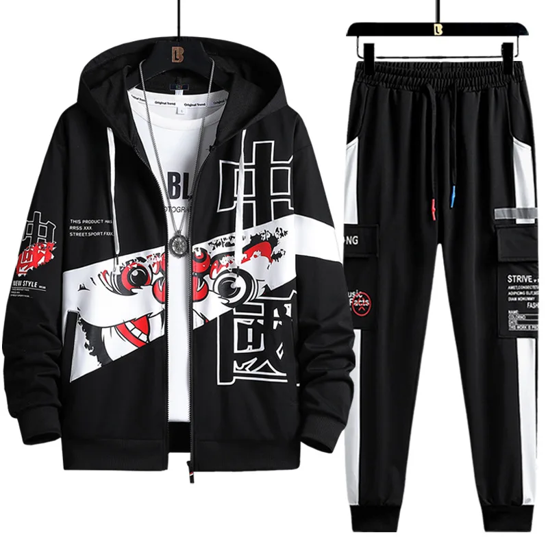 Spring Autumn Man Tracksuits Suit Cardigan Hooded Printing Sweater Sweatpants 2 Piece Sets Student Casual Running Sports Clothes