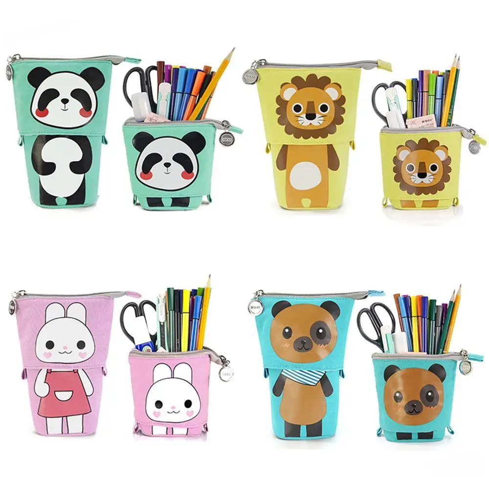 Pen Pencil Bag Case Cartoon Animal Cute Bear Panda Lion Canvas Fold Standing Holder Stationery Organizer Kids Gift Pencil Bag