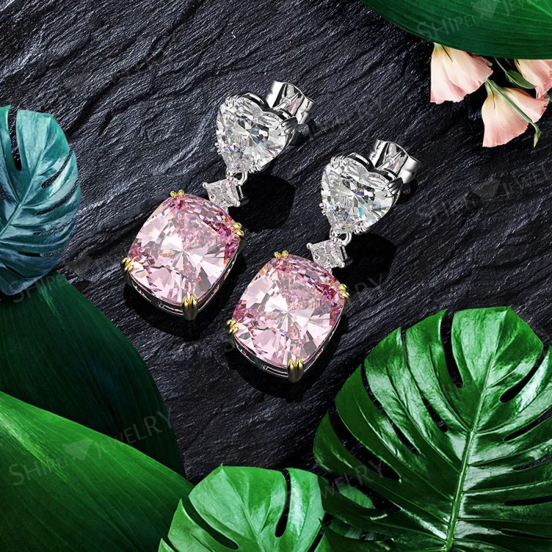 

PUNKI 2022 New Classic Pink Yellow Square Heart Shape Cubic Zircon Dangle Earrings for Woman Bridal Wedding Party Dating Jewelry