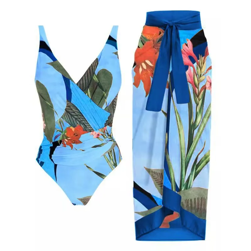 

Summer Bikini Set New Sunscreen Two-piece Beach Swimsuit Floral Backless Leopard Print Long Gauze Skirt Vacation Swimwear