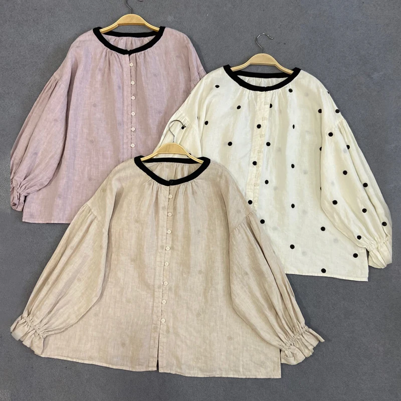 

Johnature Autumn New Vintage Lantern Sleeve Wave Point Linen Womens Tops And Blouses 2023 Mori Casual Loose Ruffles Female Shirt