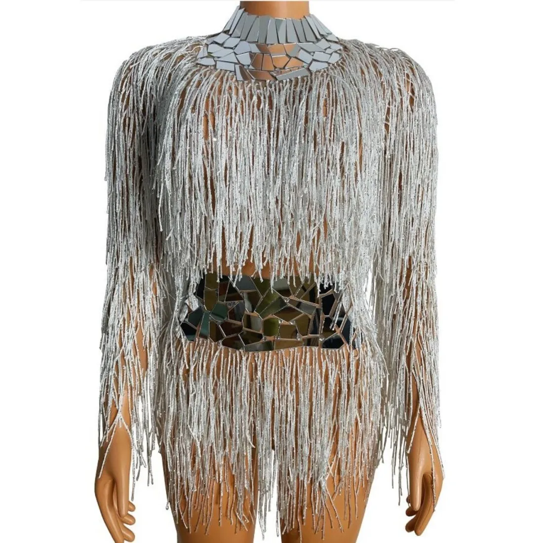 

Fashion Tassels Mirrors Waist Design Leotard Performance Dance Costume Bodysuit Silver White Sexy Backless Singer Clothing