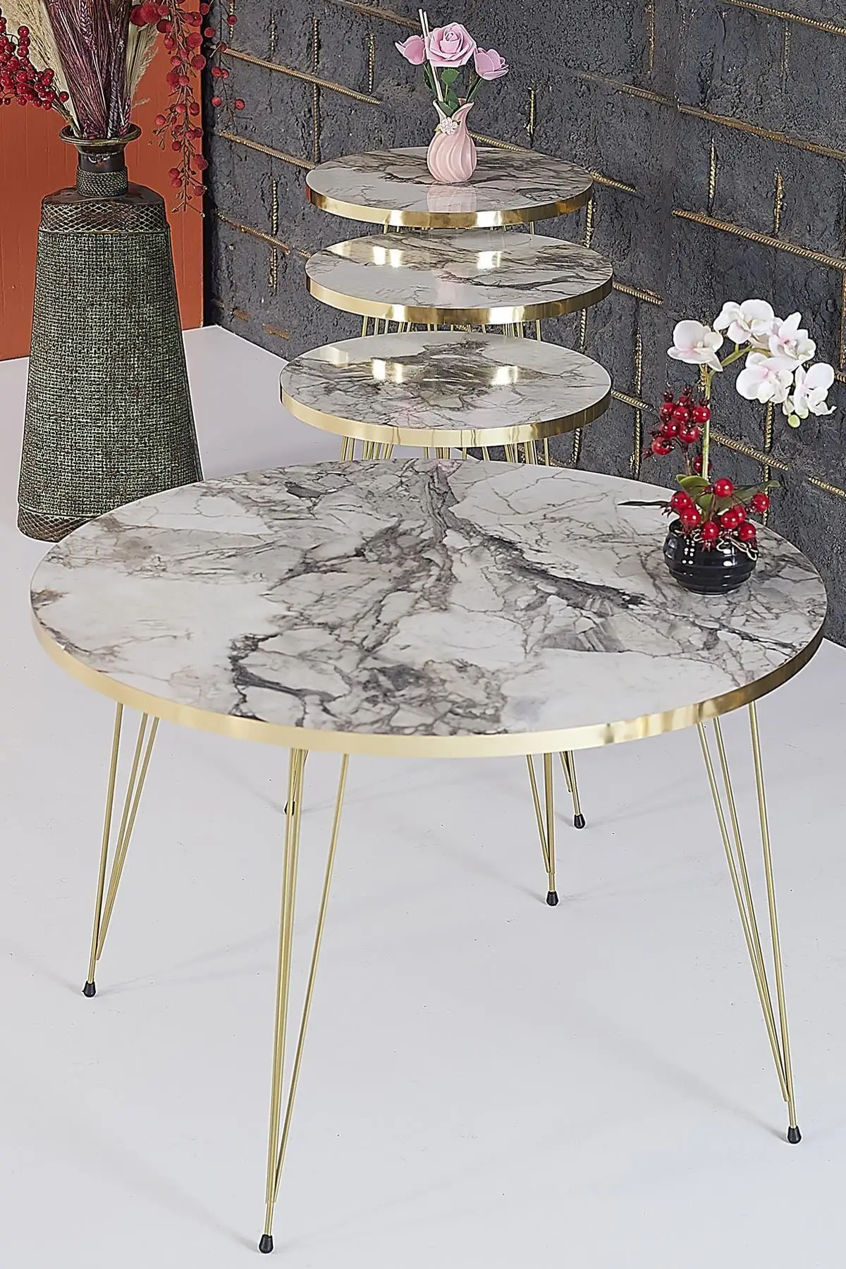

New season new model coffee table Rupon Home 3 Pcs Zigon Medium Coffee Table Set Round-ephesus Marble Pattern Gold metal Foot