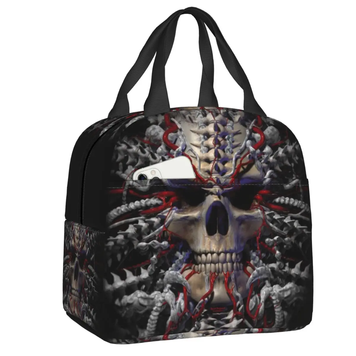 

Horror Gothic Skeleton Death Skull Thermal Insulated Lunch Bag Women Portable Lunch Tote for School Storage Food Bento Box