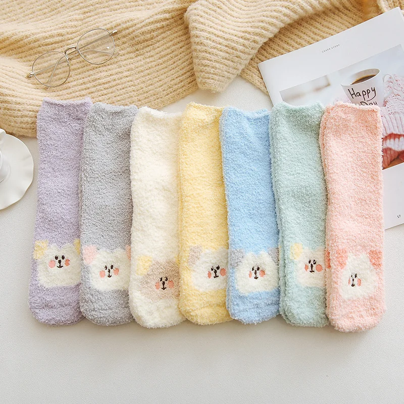 

Kawaii Women Cartoon Fuzzy Socks Solid Color Animal Patterned Coral Plush Ladies Girls Lovely Thermal Floor Sleep Sock