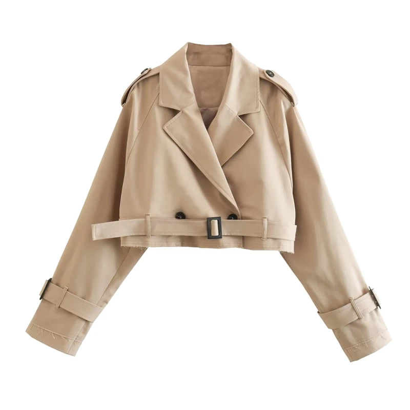 

Women's Lapel Collar Jackets Coat Cropped Female Long Sleeve with Belt Single Button Short Jacket French Trench Coat Streetwear