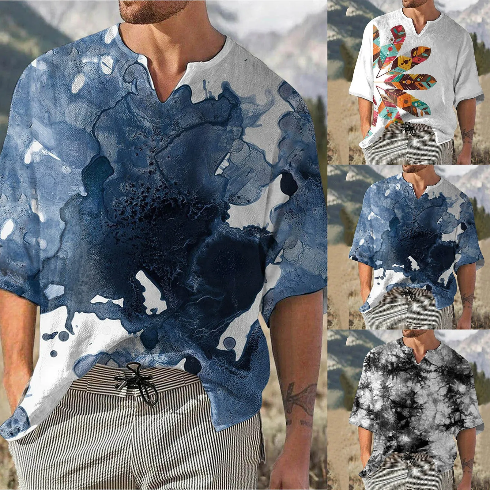 

Tie Front Shirts for Men Mens Summer Fashion Casual Fasten 3D Digital Printing T Shirt Short Short Sleeved Shirts for Men Casual