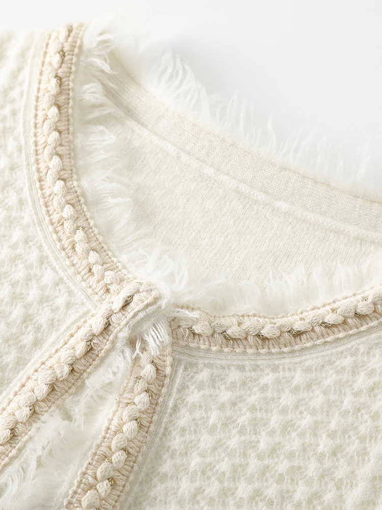 SuyaDream 2022 Winter Elegant Cardigans100%Wool Round Neck Female Tassel Jackets Fall Winter Black Cream White Warm Sweaters enlarge