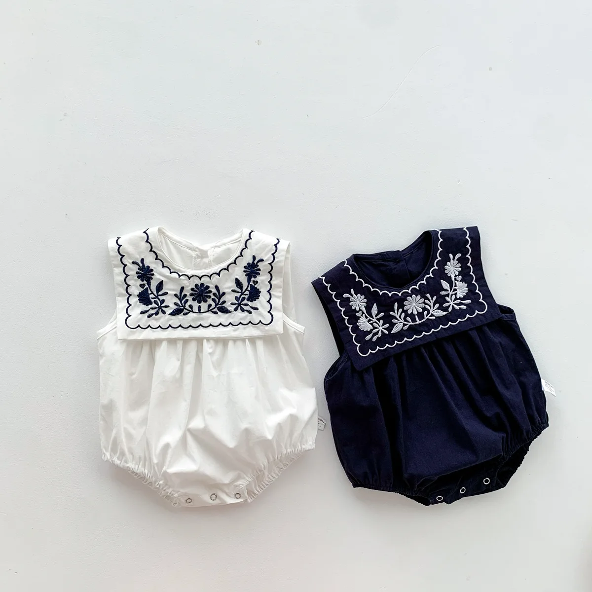 Baby Girl Clothes New Summer Boy One-Piece Clothing Newborn Cotton Embroidery Fang Lingjun Baby Clothing 0-2 Years Old White