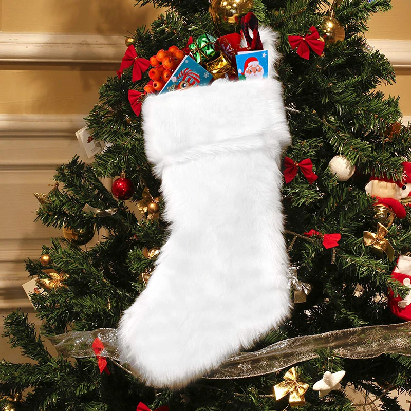 

2021 Christmas Stocking Large Xmas Gift Bags Fireplace Decoration White Plush Socks New Year Candy Holder Christmas Decor