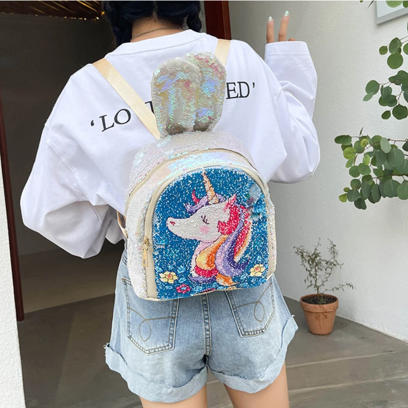 Children Fashion Sequin Backpacks 2022 Unicorn Mermaid Cute Cartoon Student Bags Girl Boy Travel Backpack All-match Sac Licorne