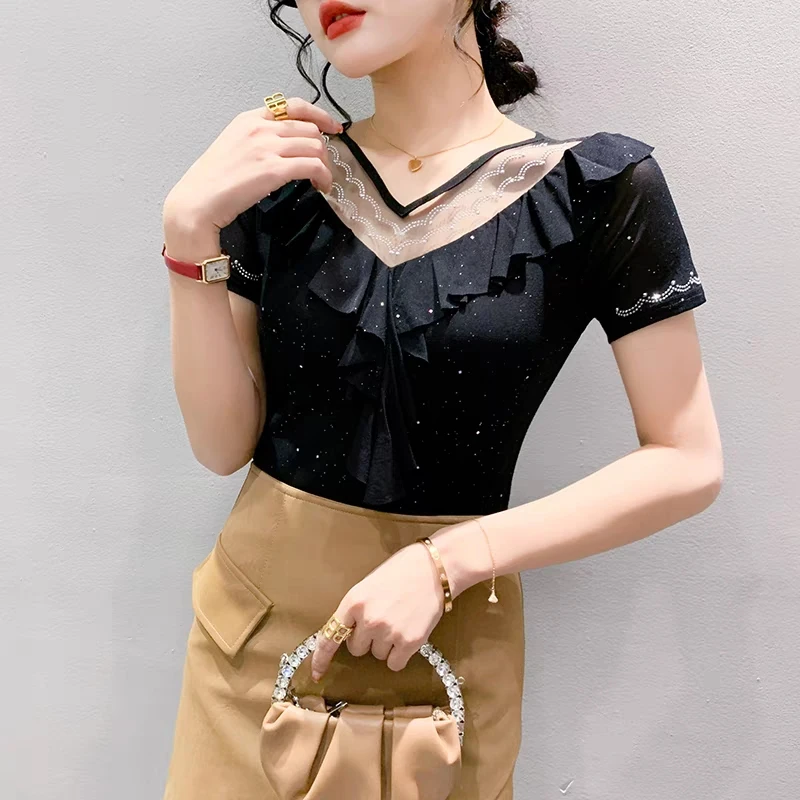 Женская Сетчатая футболка с коротким рукавом облегающая эластичная Футболка