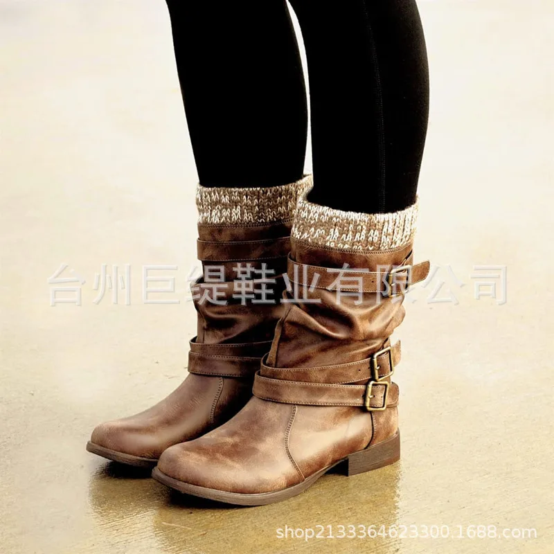 

Women's Boots Knitted Mid Calf High Boots Winter Buckle Strap Chunky Heels Shoes Woman Slip on Retro Boot Ladies Footwear