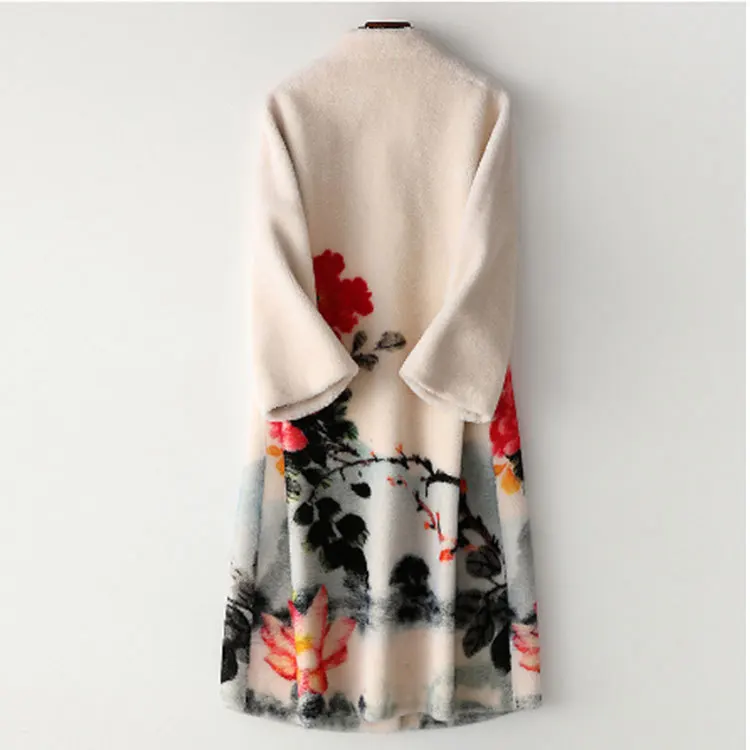 Winter Women's Wool Jacket Long Print Floral Flower Overcoat Spring New High Quality Fashion Thick Warm Fur Sheep Shearing Coat