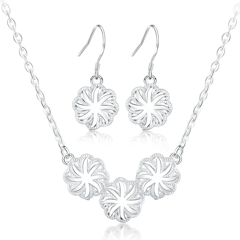 

New fashion 925 Sterling Silver beautiful Flowers necklace earrings Jewelry sets for women charms wedding party gifts jewelry